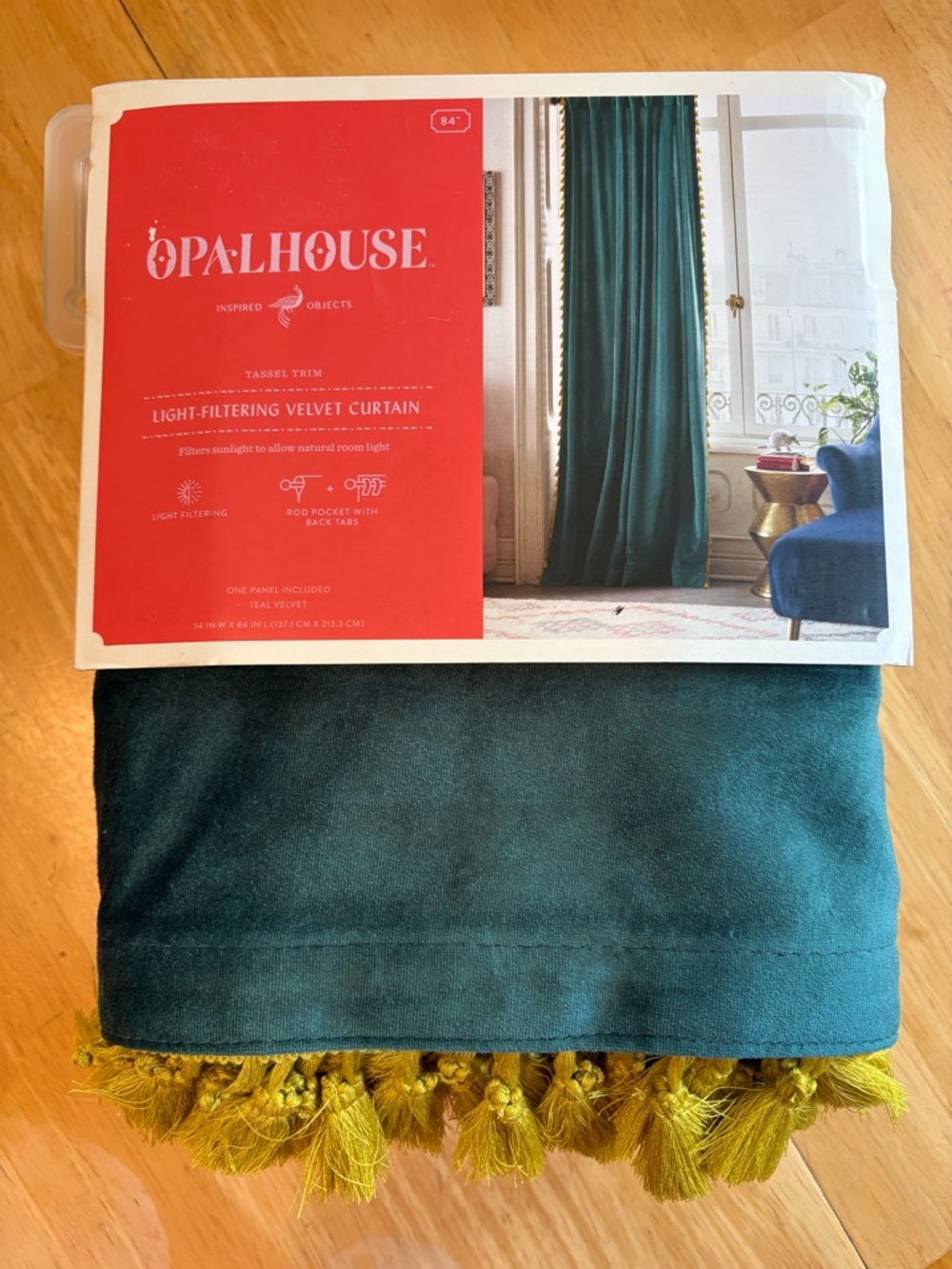 Opalhouse Teal Velvet Curtain with Gold Tassel Trim